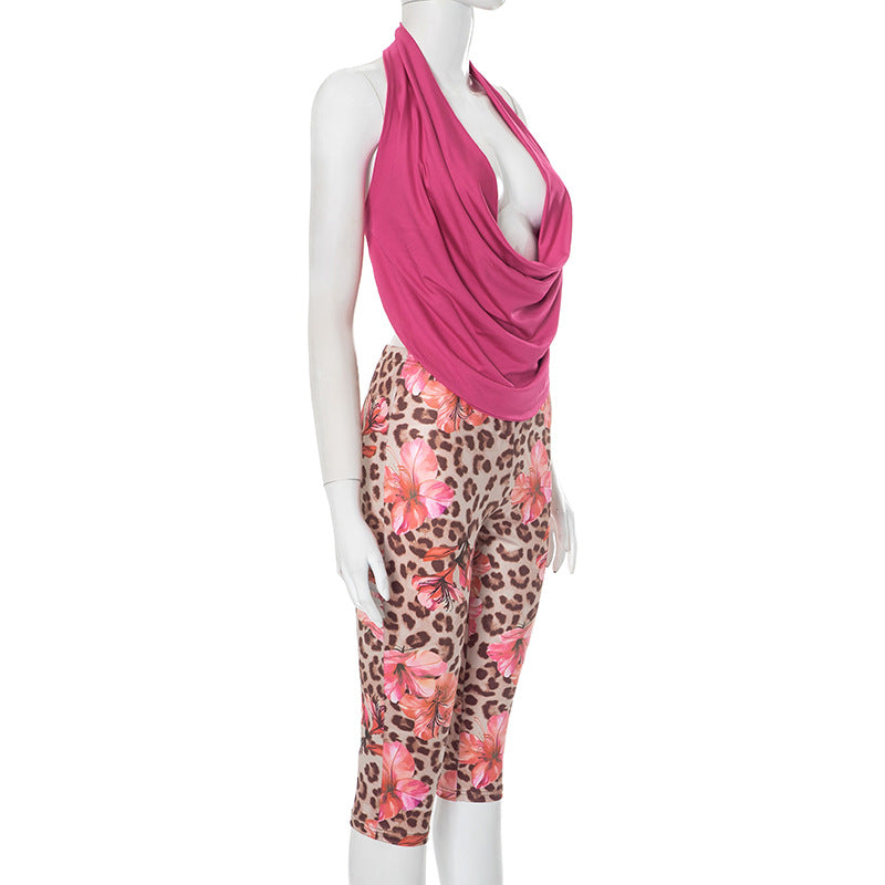 Women Spring Summer Halter Pile Collar Backless Lace up Floral Leopard Print Sets