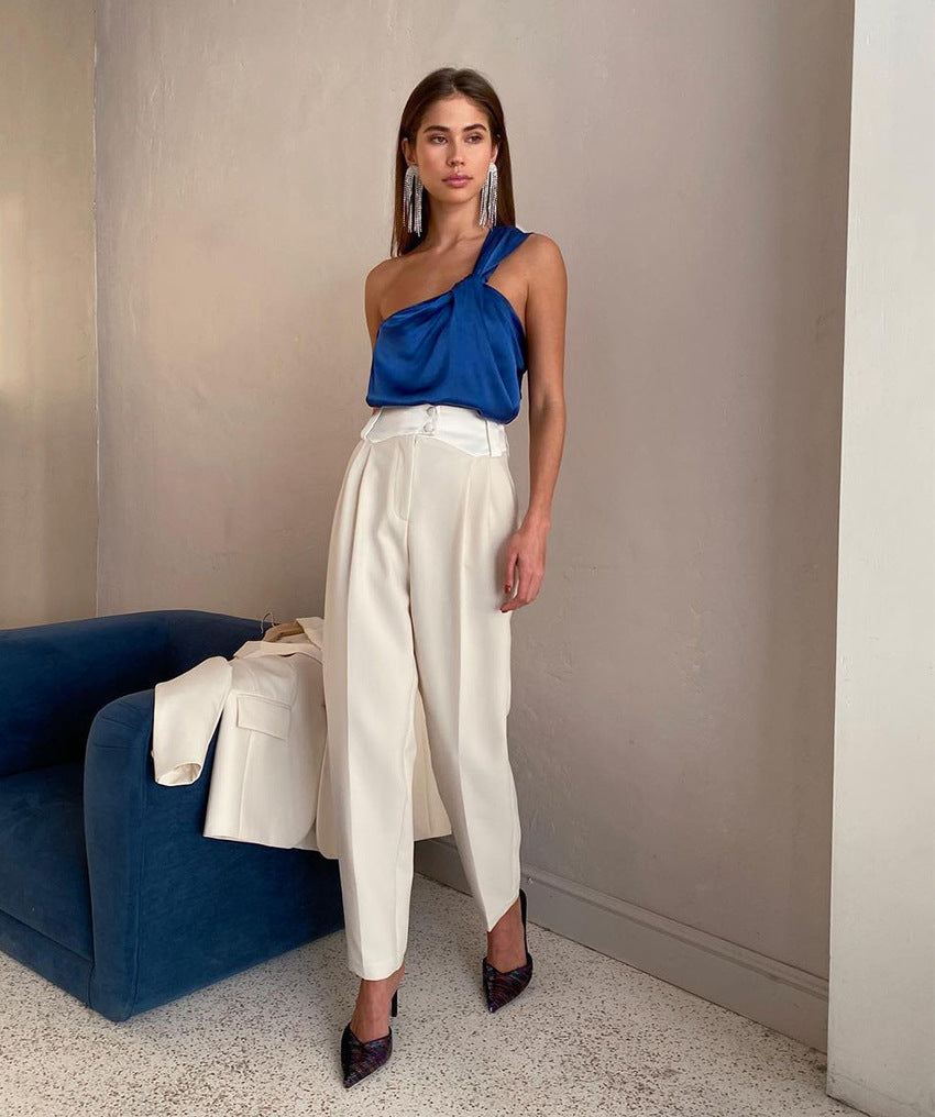 Spring Vest Sexy Oblique Shoulder Satin Base Fashion Klein Blue Top Can Be Women Outerwear