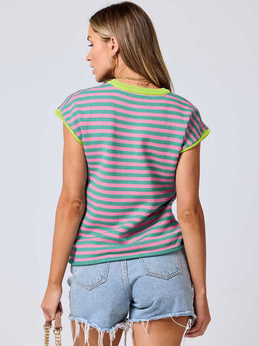 Women Clothing Summer round Neck Knitted Top Casual Striped Contrast Color Sweater