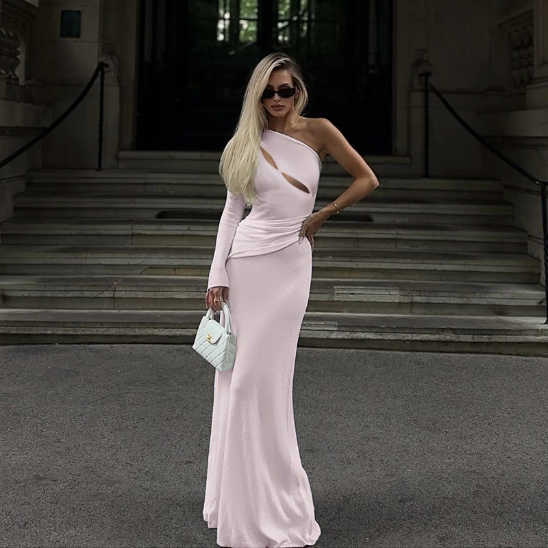 Evening Maxi Dress Sexy Waist Trimming Hollow Out Cutout out Single Sleeve Dress
