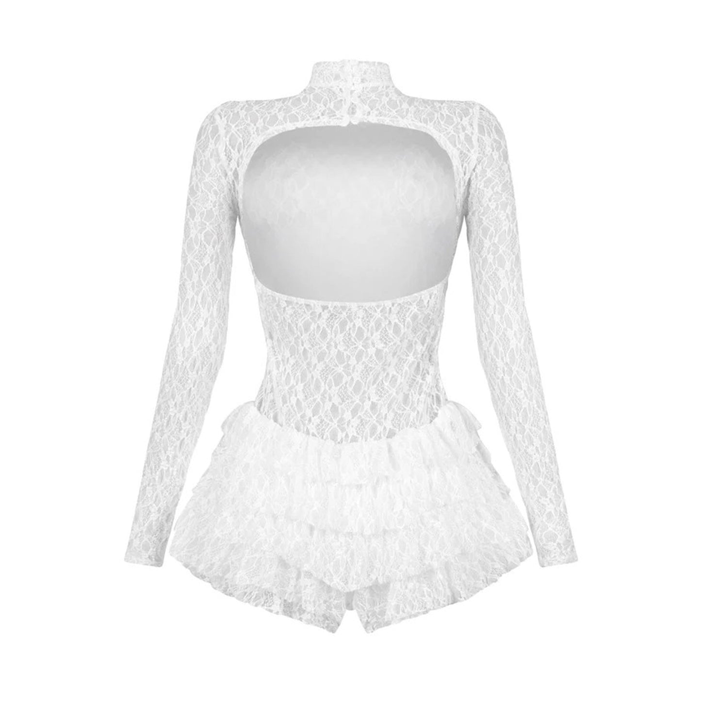 Women Clothing Sexy Lace Long Sleeve Shorts Wooden Ear Backless Jumpsuit
