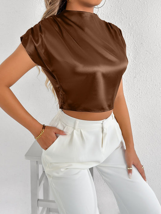 Real Shot Women Clothing High Sense Summer Satin Shirt Satin Shirt Short Sleeve Shirt
