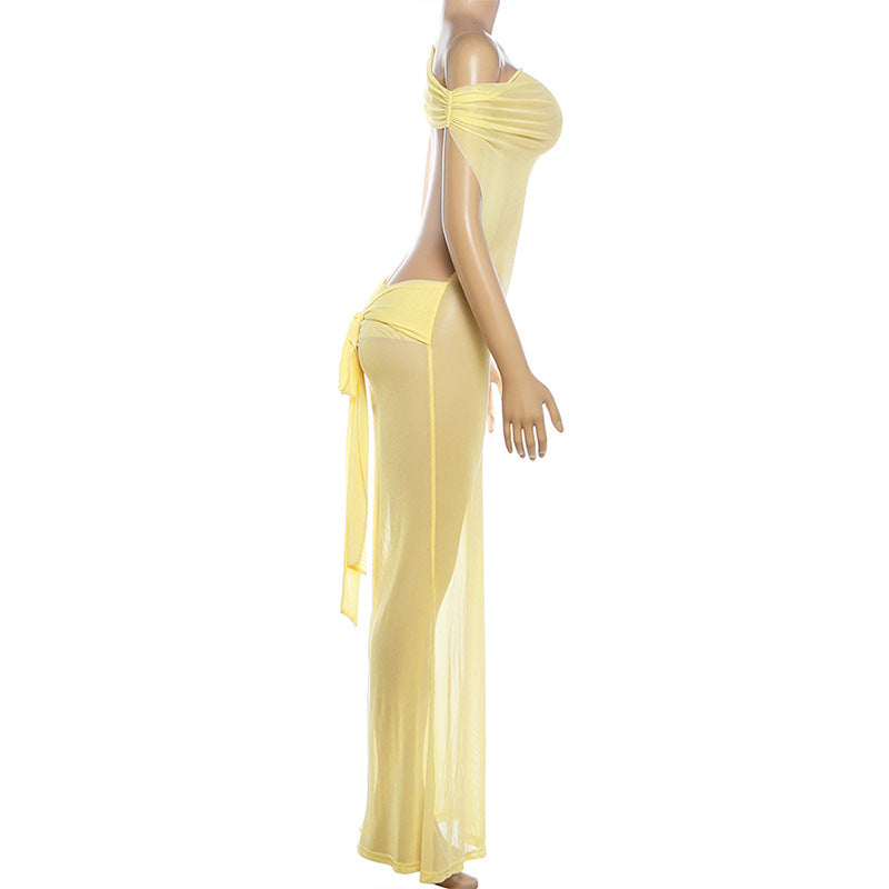 Spring Women Solid Color Sexy Sheer Mesh Design Backless Sheath Dress