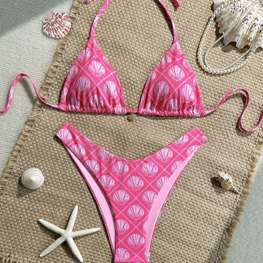 Swimwear Shell Printed Bikini Halter Sexy Lacing Bikini Women Seperated Swimwear