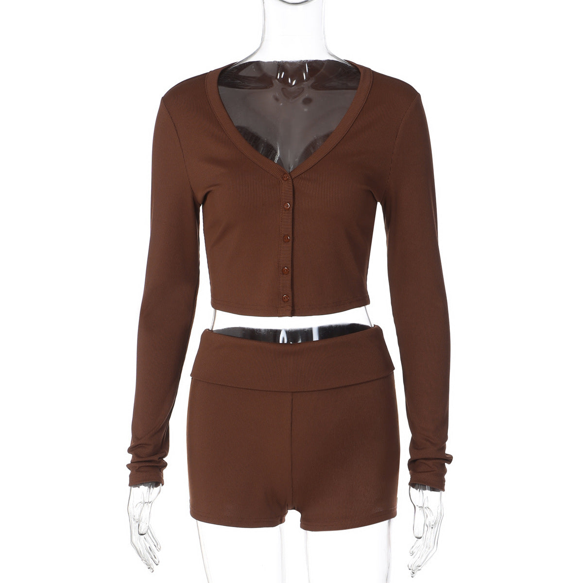 Women Solid Color Long Sleeve Two Piece Set Winter Breasted Cardigan Slim Fit Short Set