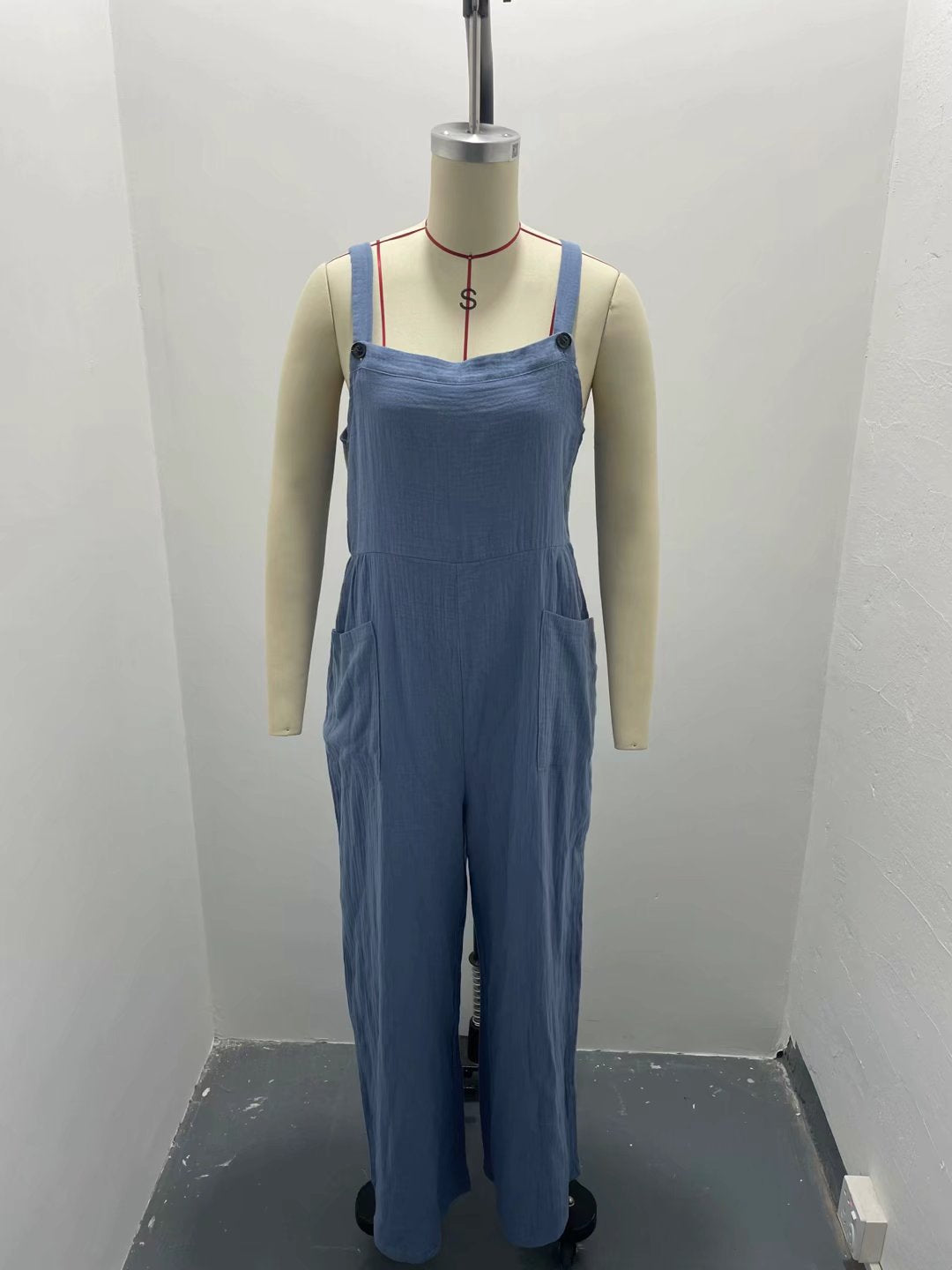 Summer Women Casual Solid Color Pocket Square Collar Loose Overalls
