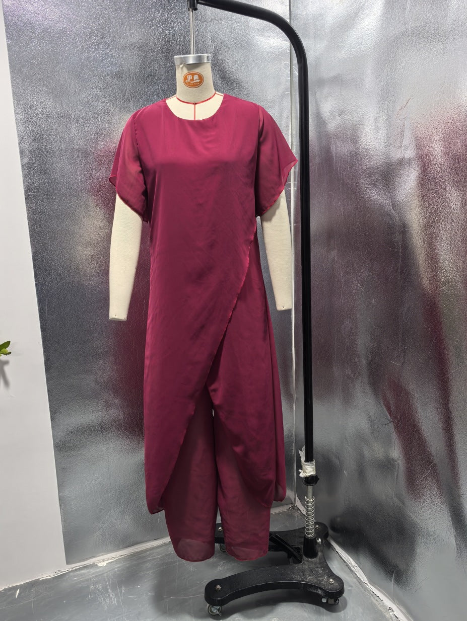 Independent Stand Color Long Irregular Asymmetric Top Loose Trousers Chiffon Two Piece Sets Women