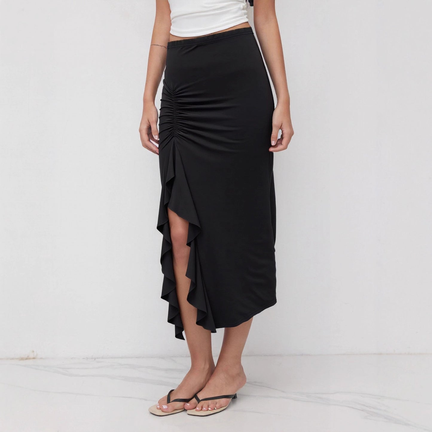 Irregular Asymmetric Ruffled Stitching High Waist Skirt Slit Sheath Skirt