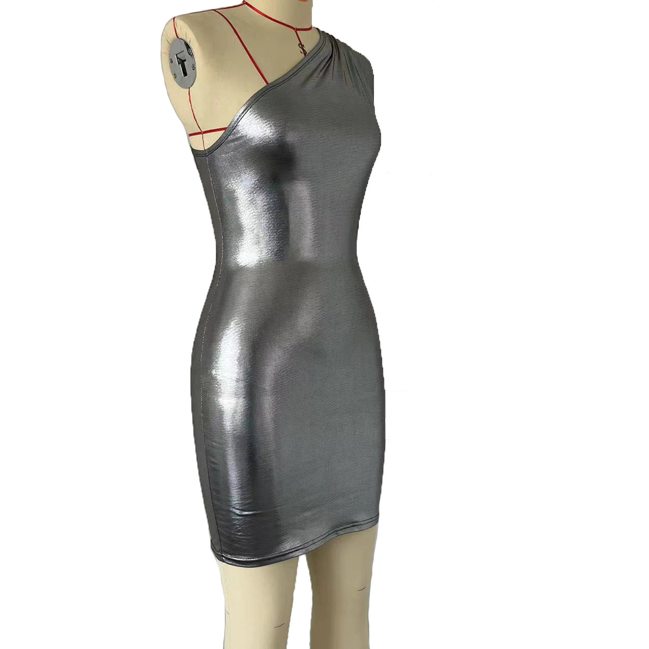 Women One Shoulder Asymmetric Metallic Sheath Sexy Night Club Sleeveless Dress