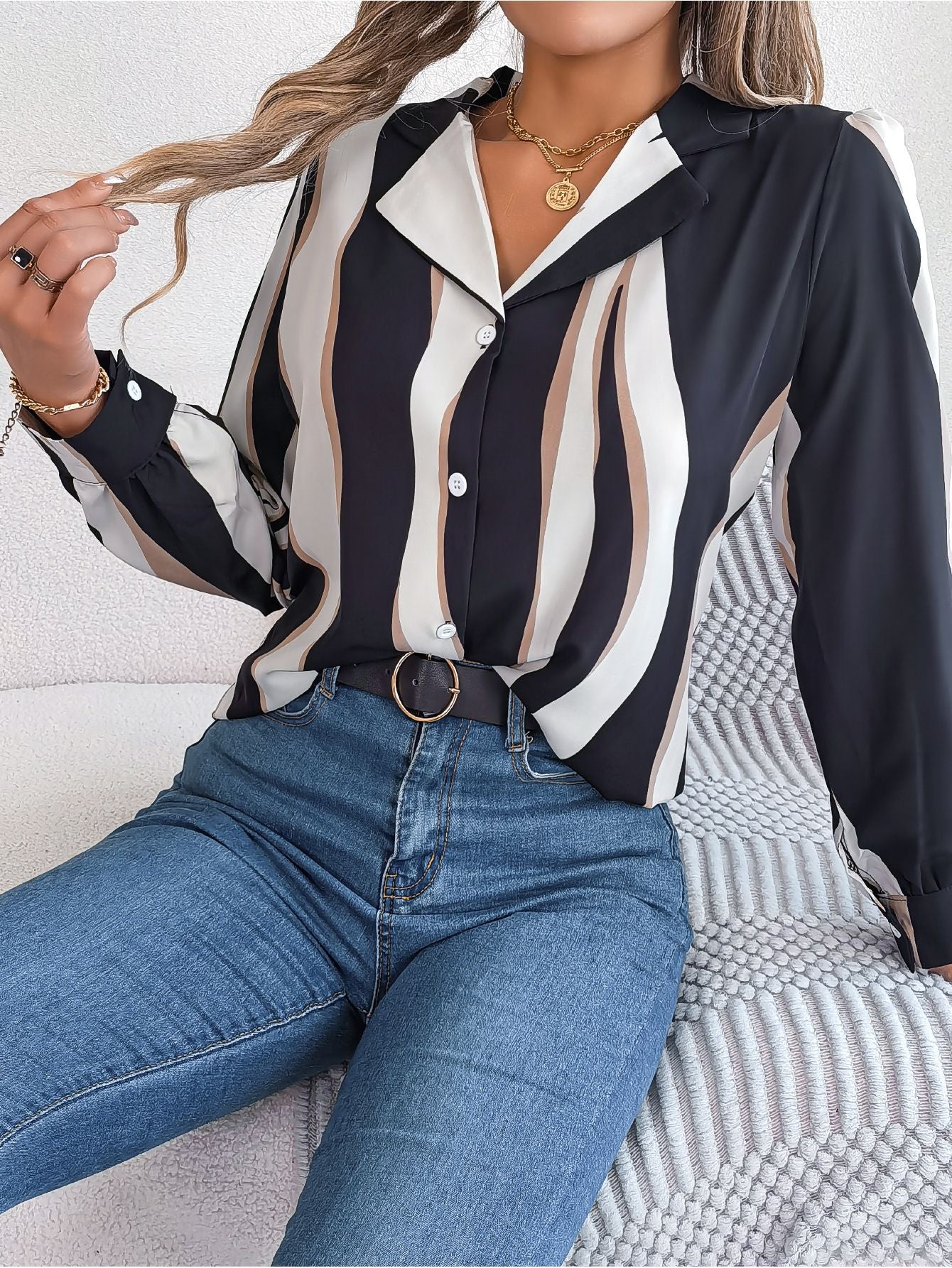 Autumn Winter Casual Contrast Color Striped Suit Collar Long Sleeve Shirt Women