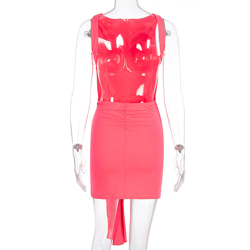Arrival Women Solid Color Sexy Slim High Waist Backless Metal Decoration Sleeveless Dress