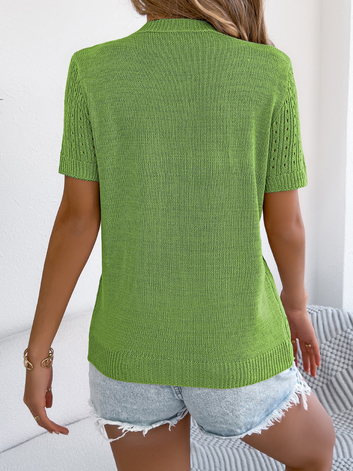 Women Clothing Spring Summer Solid Color Hollow Out Cutout Button Short Sleeved Sweater Top