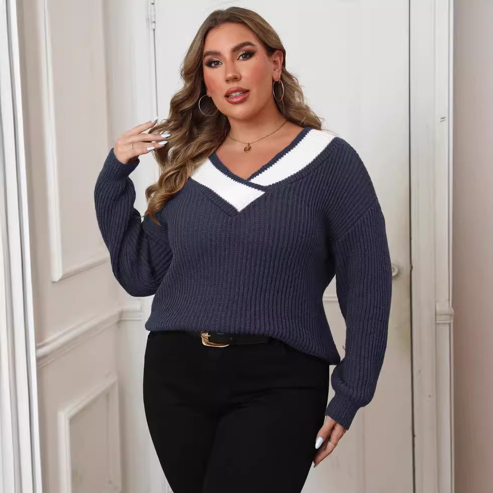 Plus Size Women Clothes Color Contrast Patchwork Large V neck Loose Woven Sweater Pullover