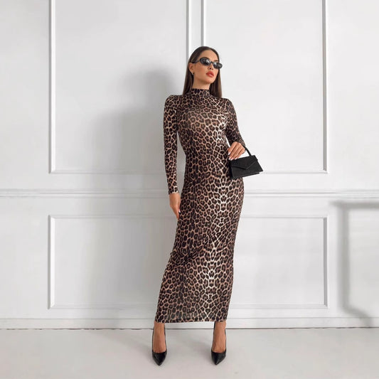 Autumn Leopard Print Stand Collar Long Sleeve Maxi Dress Women