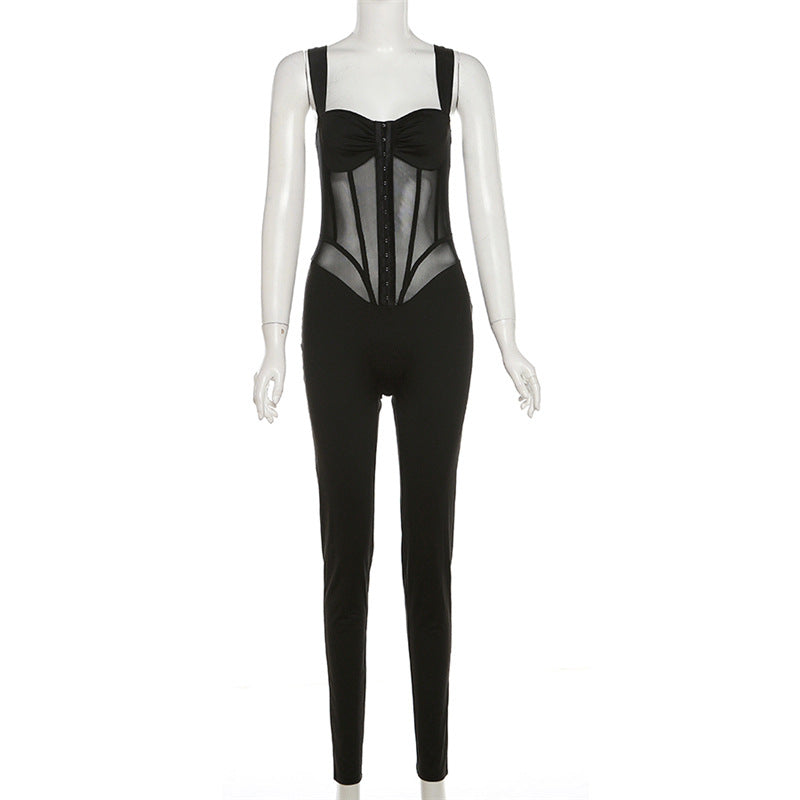 Spring Women Clothes Suspenders Sexy Low Cut See Through Slim Slimming Jumpsuit