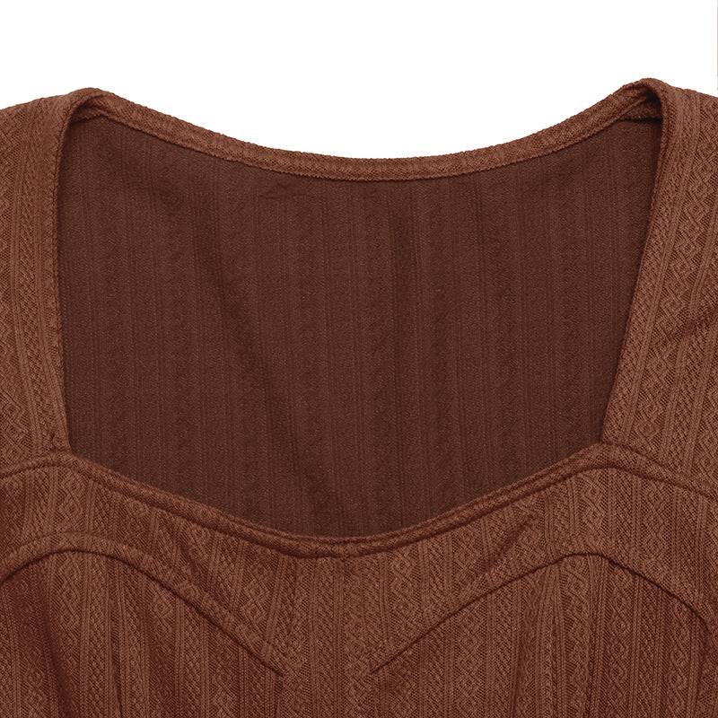 Autumn Elegant Retro Waist Trimming Knitted Solid Color Square Collar A line Dress