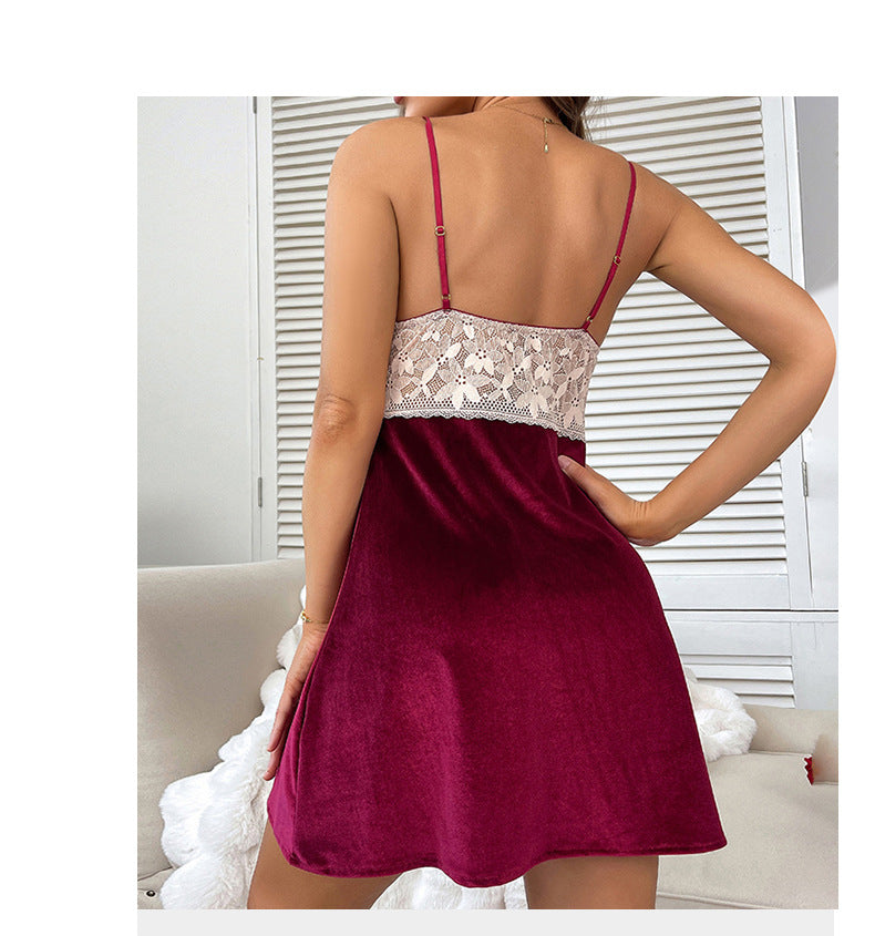 Gold Velvet Sexy Pajamas Women Autumn Winter Erotic Lingerie Women Sexy Lace Slip Nightdress