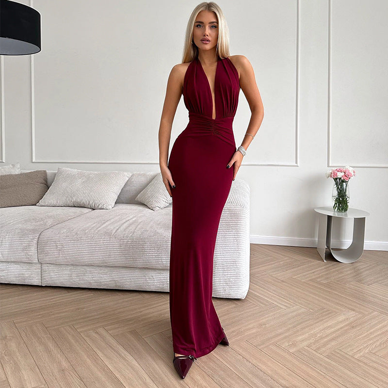 Women Sexy V neck Halter Backless Pleated High Waist Solid Color Dress Formal Dress