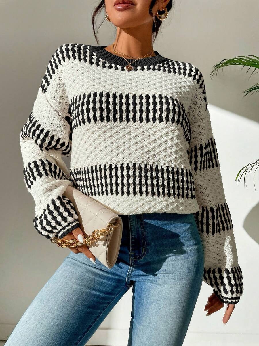 Women Clothing Autumn Winter Casual Loose Sweater Contrast Color Striped Stitching Sweater