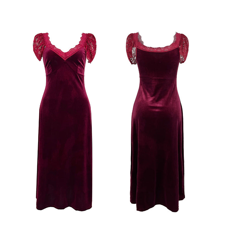 Elegant Velvet Lace Nightdress Burgundy V neck Mid Length Sexy Ladies Sleeping Dress