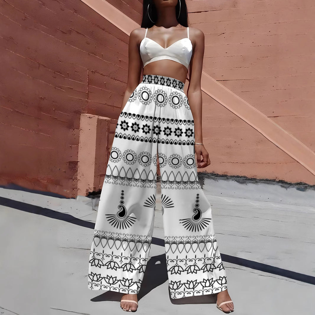Spring Summer Women Printed Tight Waist Wide Leg Trousers