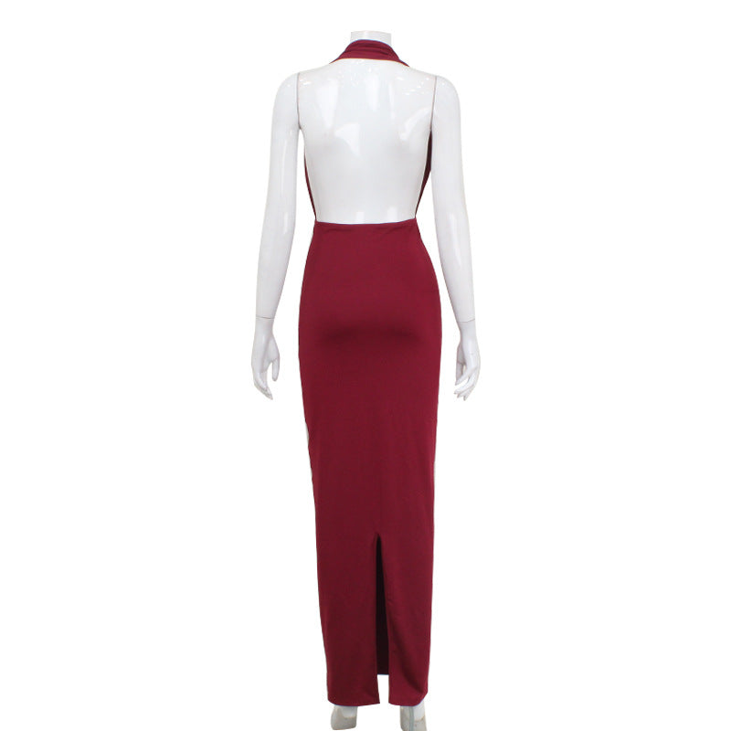 Women Sexy V neck Halter Backless Pleated High Waist Solid Color Dress Formal Dress