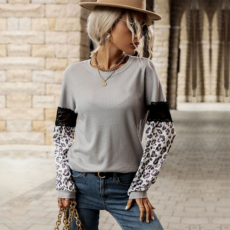 Autumn Winter Stitching Top Women Leopard Print Long Sleeve Contrast Color Knitwear
