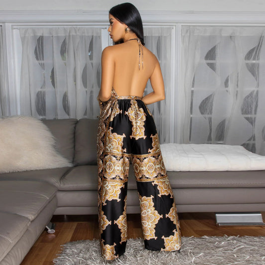 Women Clothing Summer Printed Sexy Backless Sleeveless Jumpsuit