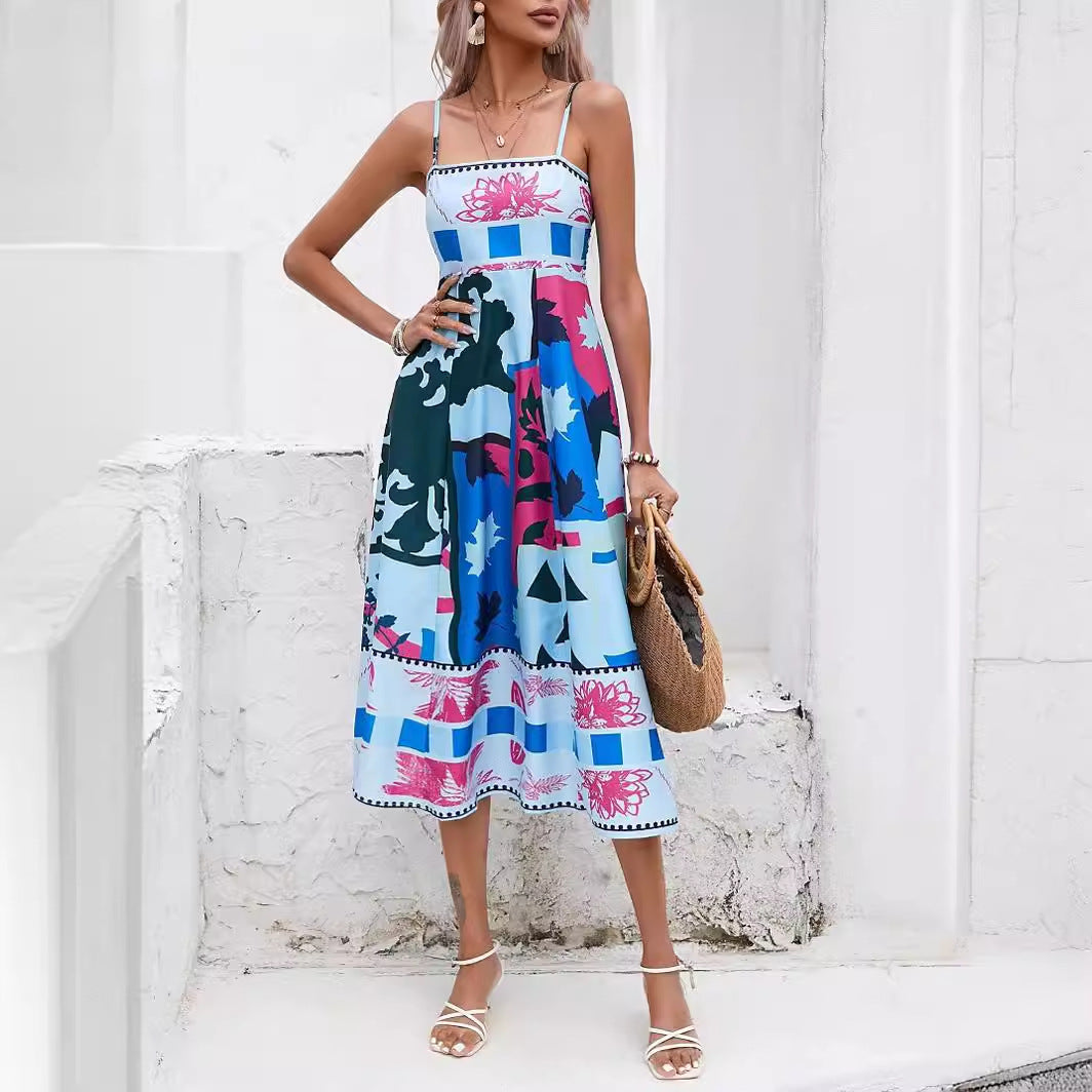 Summer Women Sexy Positioning Printed Spaghetti Straps Sleeveless Large Swing Dress Amplified craft