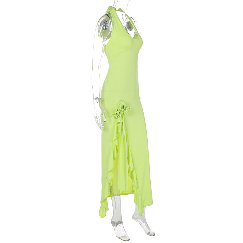 Summer Deep V Plunge Lace Up Halterneck Floral Decoration Slim Fit Dress Women