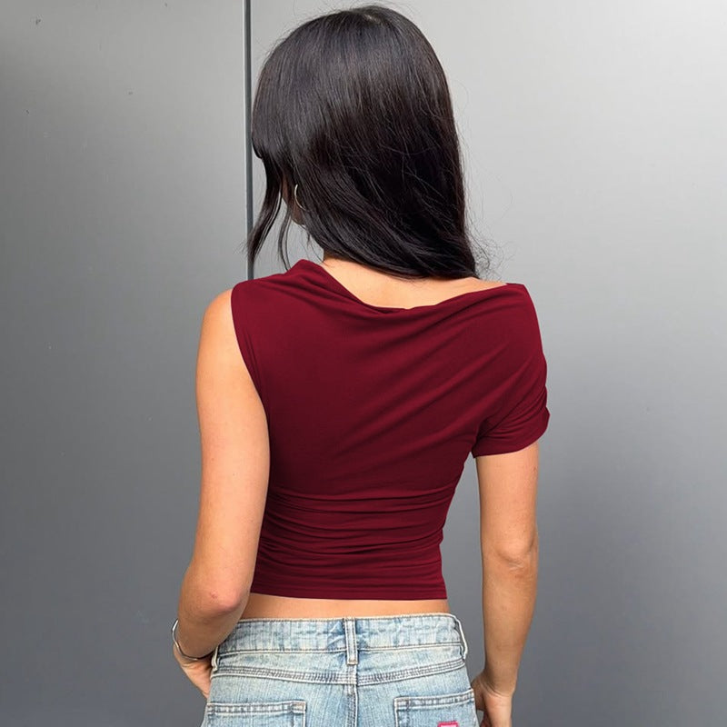 Women Clothing Spring Summer Solid Color Simple One Shoulder Pleated Slim T shirt Top