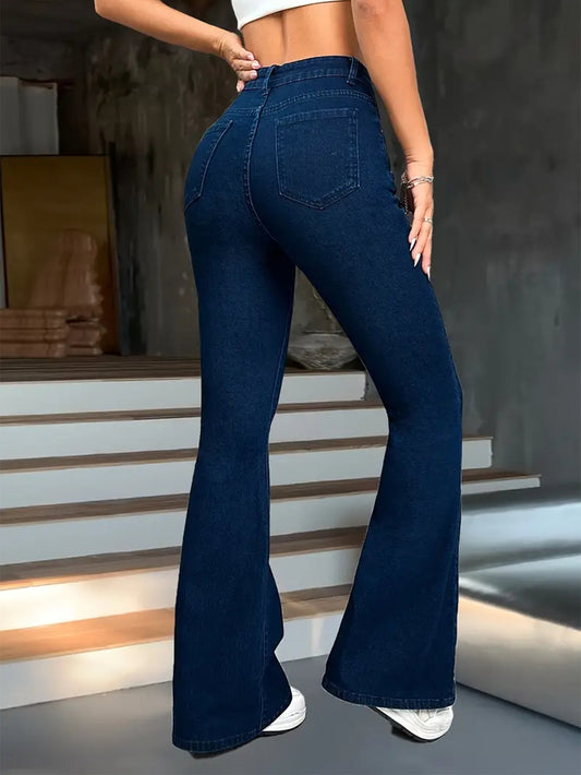 Women Jeans Elastic Minimalist Multi Craft Dark Blue Pants All Matching Slim Fit Slim Flared Trousers Jeans