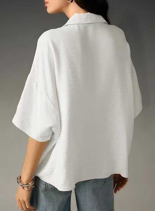 Women Summer Short Sleeve Collared Casual Loose Top Solid Color Shirt