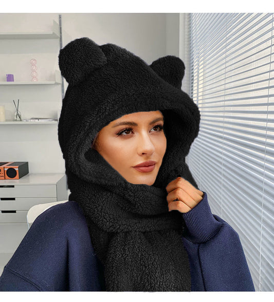 Scarf Hat Integrated Plush Belt Ear Hat Scarf Autumn Winter Warm