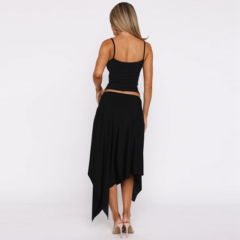 Summer Sexy Sexy Solid Color Camisole Pleated Irregular Asymmetric Skirt Two Piece Sets