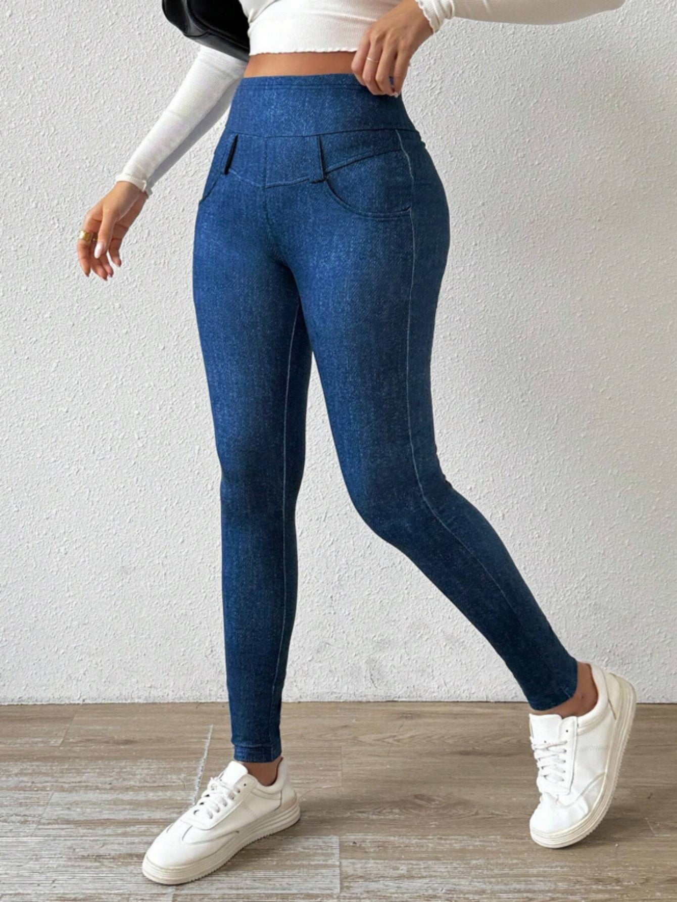 Artificial Denim Casual Pants Women High Waist Slimming Fleece Lined Padded Warm Keeping Hip Lifting with Pocket Commuting
