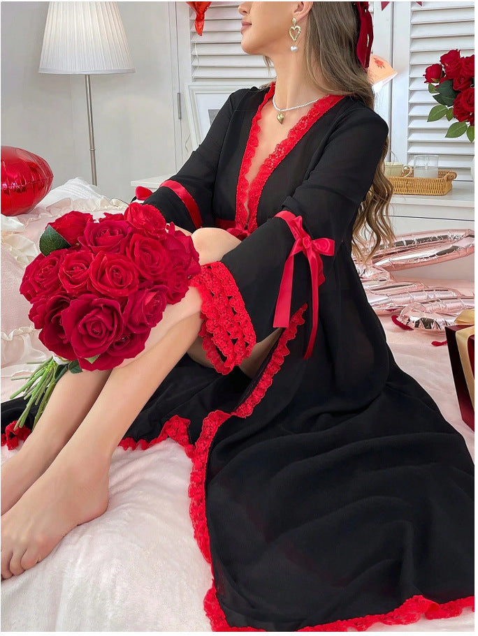 Sexy Thin Transparent Mesh Red Lace Black Robe Sexy Lingerie Set