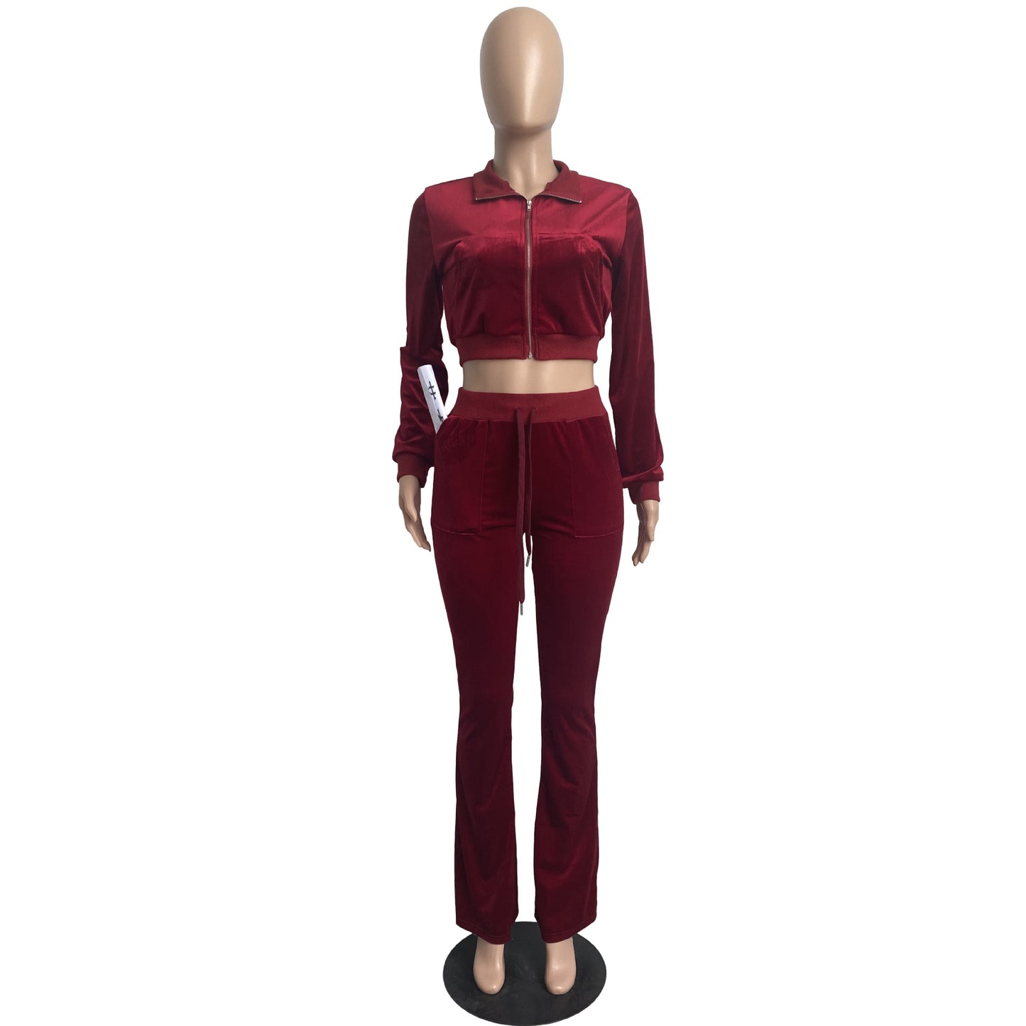 Women Clothing Two-Piece Korean Velvet Solid Color Long Sleeve Sexy cropped Casual Sports Suit