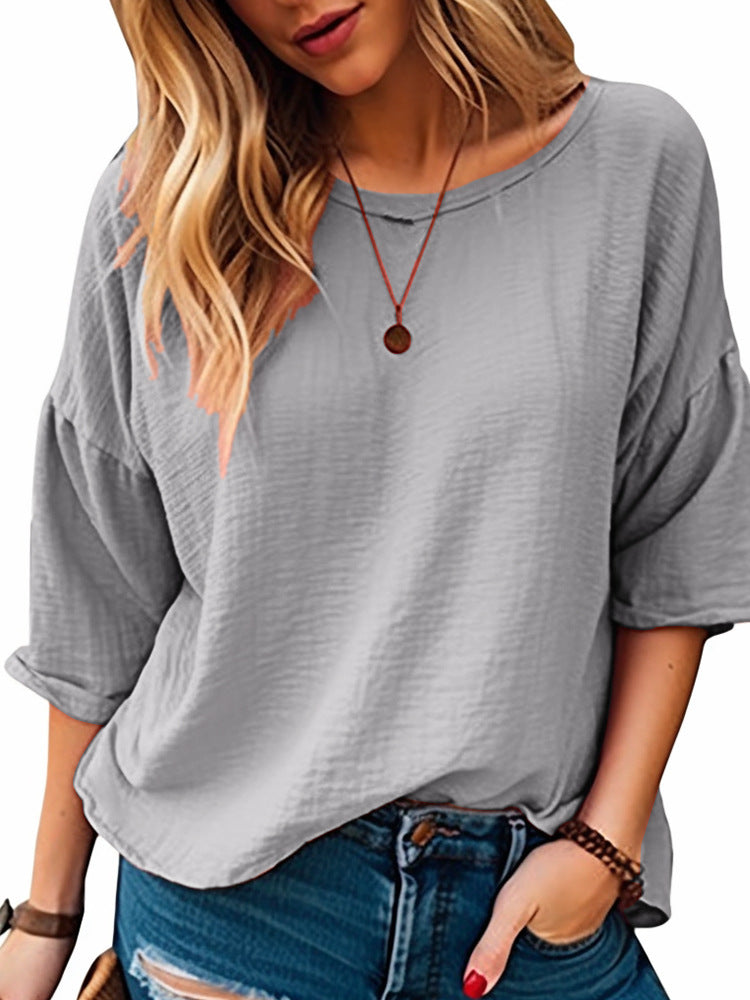 Summer Women Clothing Casual Comfortable Office 3/4 Sleeve Solid Color T shirt