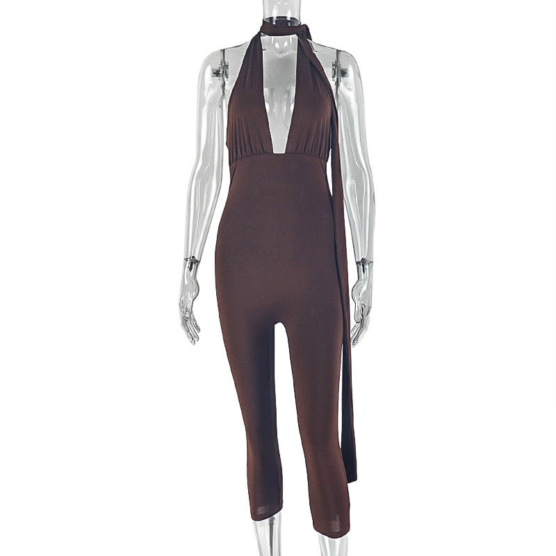 Women Clothing Skinny Sports Office Jumpsuit V neck Tied Slim Fit Solid Color Trendy Jumpsuit