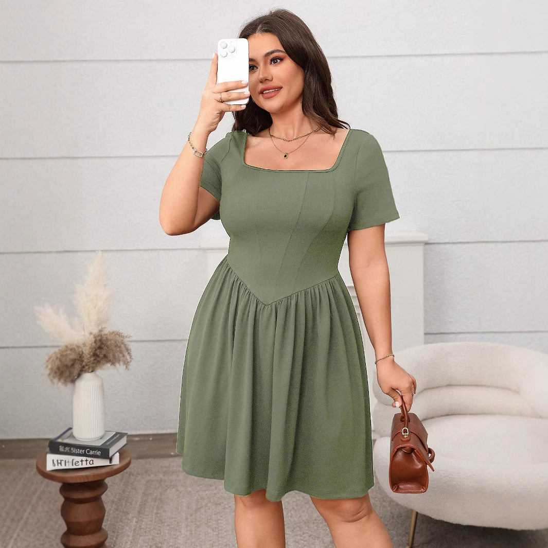 Plus Size Elegant Women Clothing Spring Summer Short Sleeve Square Collar Solid Color Slimming Dress