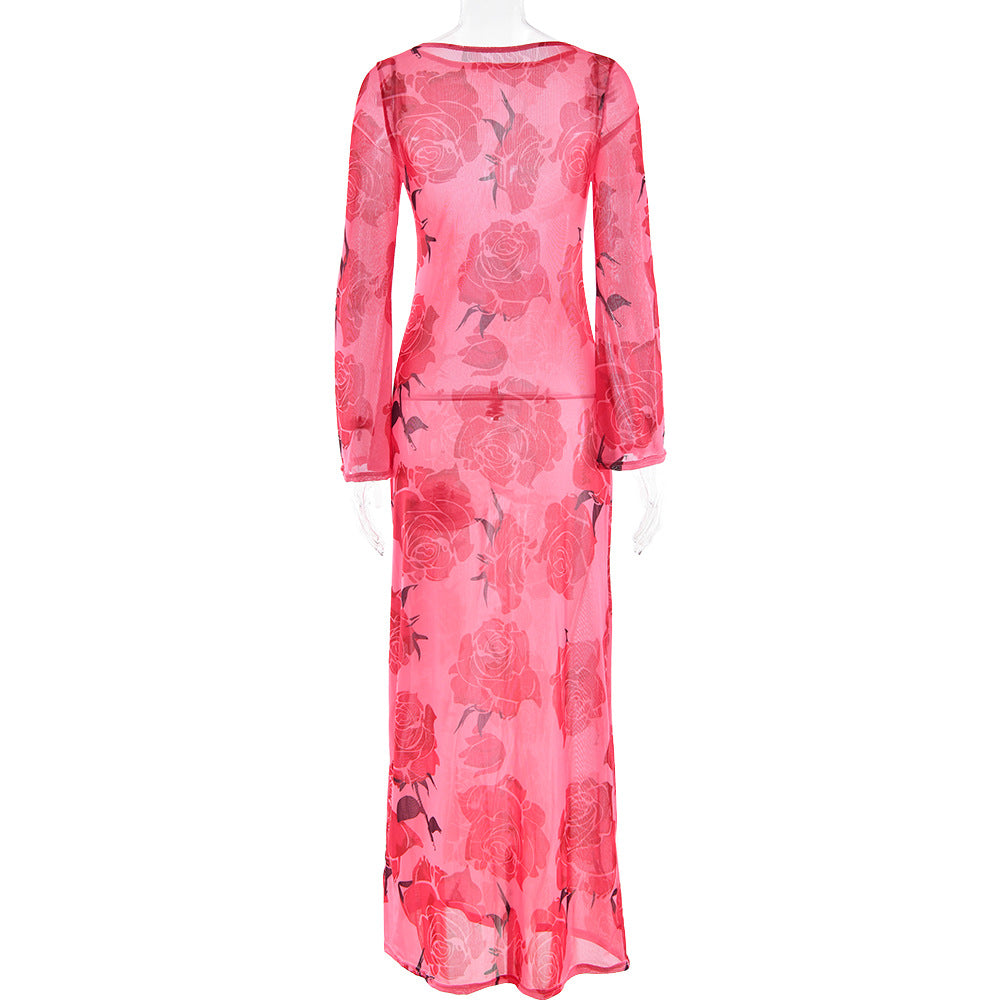 Sexy See through Mesh Floral Print Dress Lazy Casual Wild Dress
