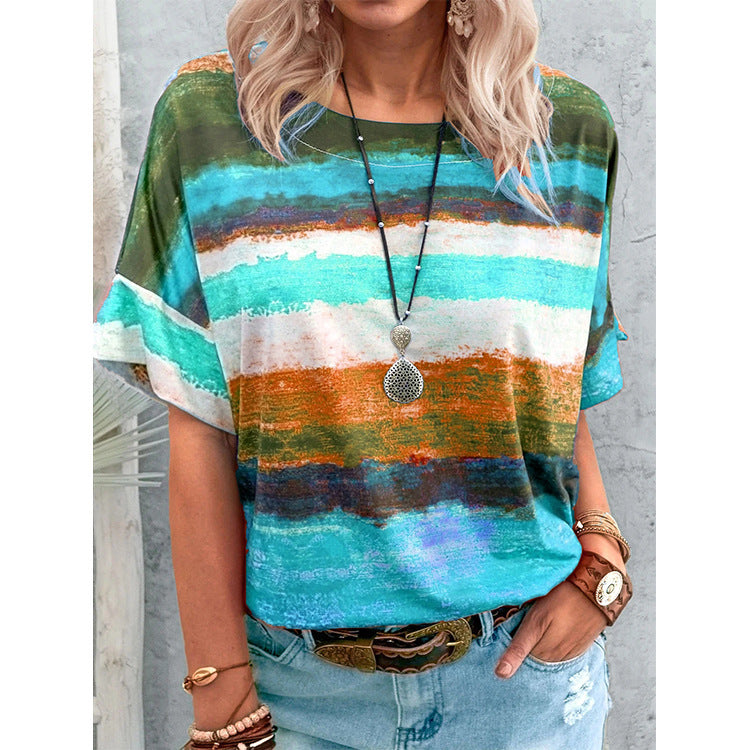 Women Clothing Summer Gradient Contrast Women Short-Sleeved T-shirt Women