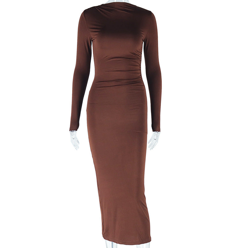 Women Clothing Solid Color round Neck Long Sleeve Pullover Street One Step Dress Dress Dress One Piece