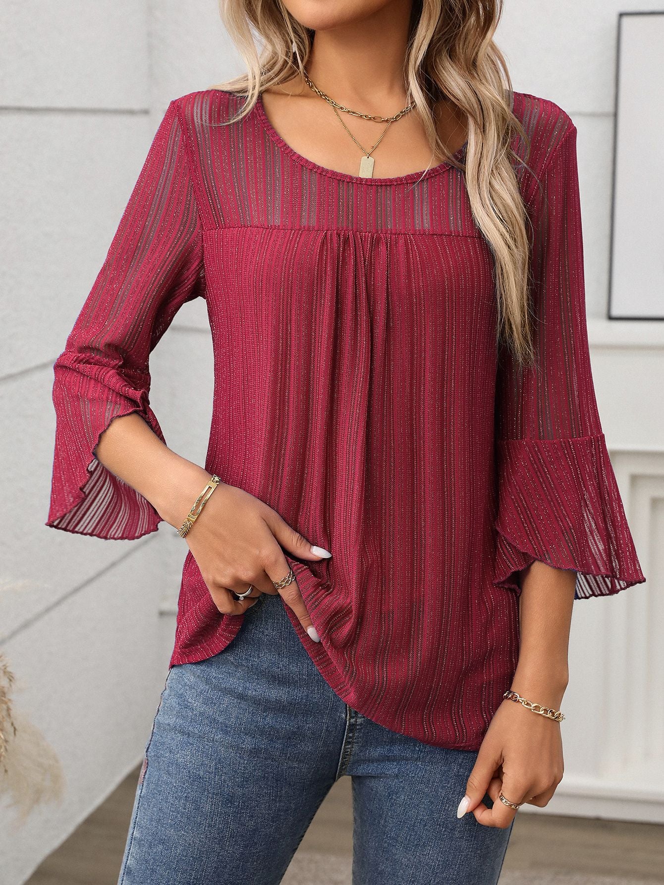 Women Clothing Elegant round Neck Ruffle Sleeve Shiny Mesh Top