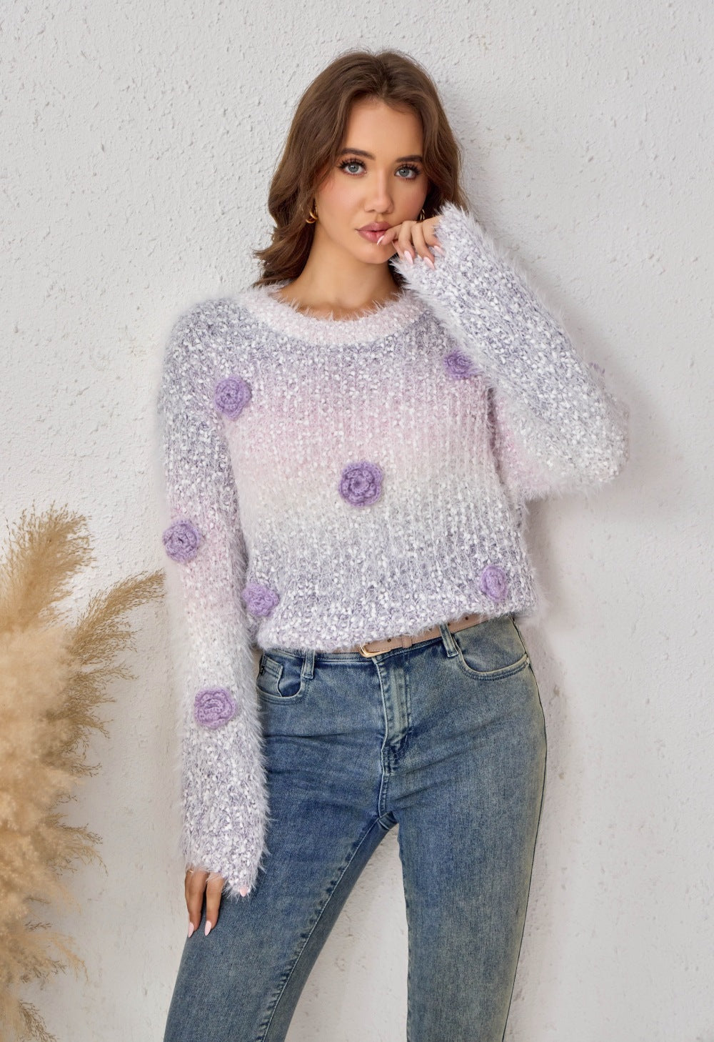 Autumn Winter round Neck Loose Three Dimensional Floral Gradient Sweater Sweet Youthful Looking Soft Glutinous Warm Beautiful Sweater