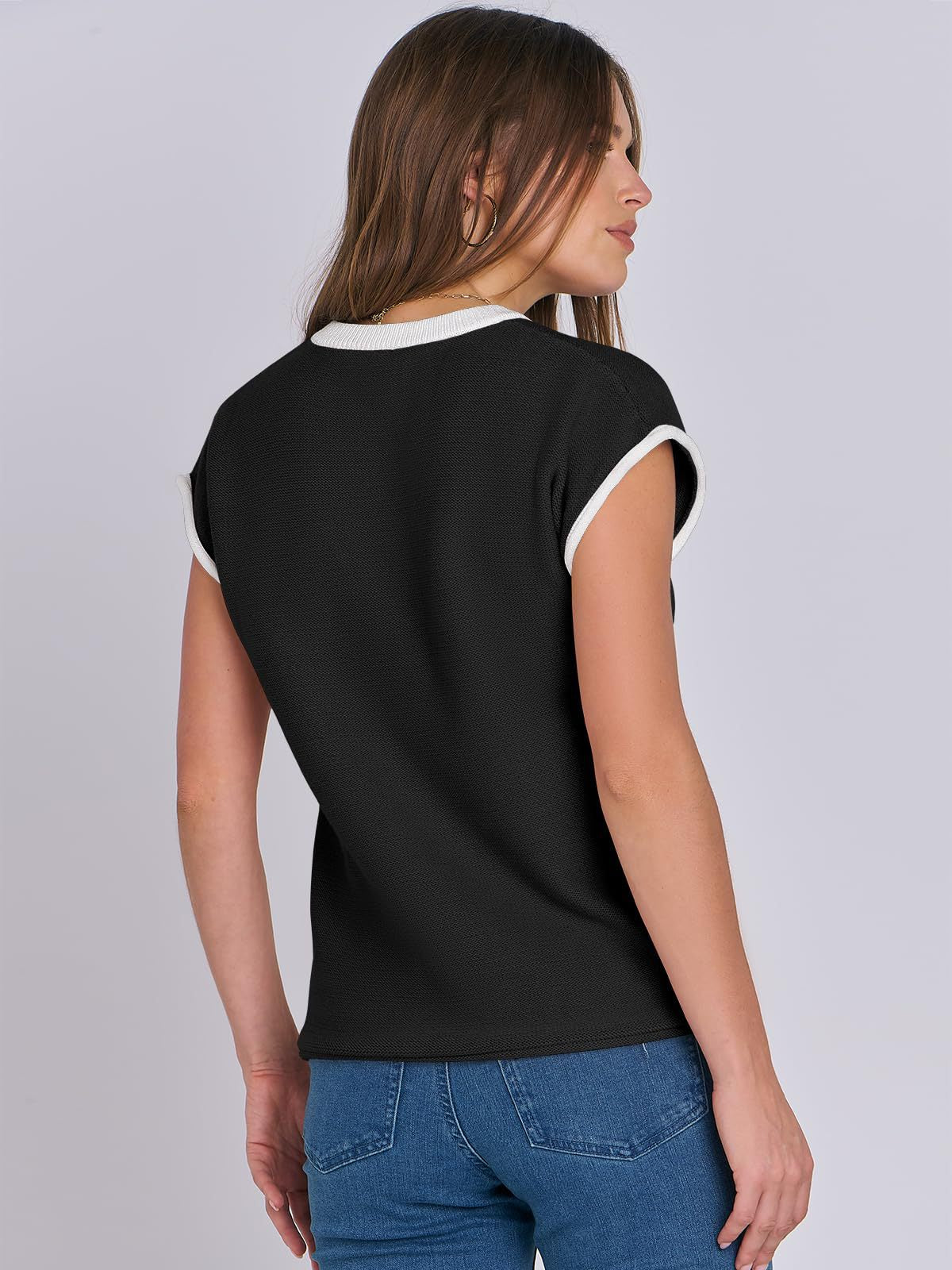 Women Clothing Summer round Neck Knitted Top Casual Striped Contrast Color Sweater