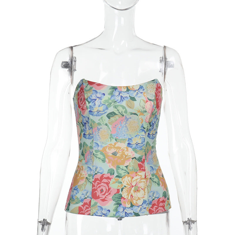 Vest Women Painting Floral Print Top Vacation Curved Neckline Tube Top