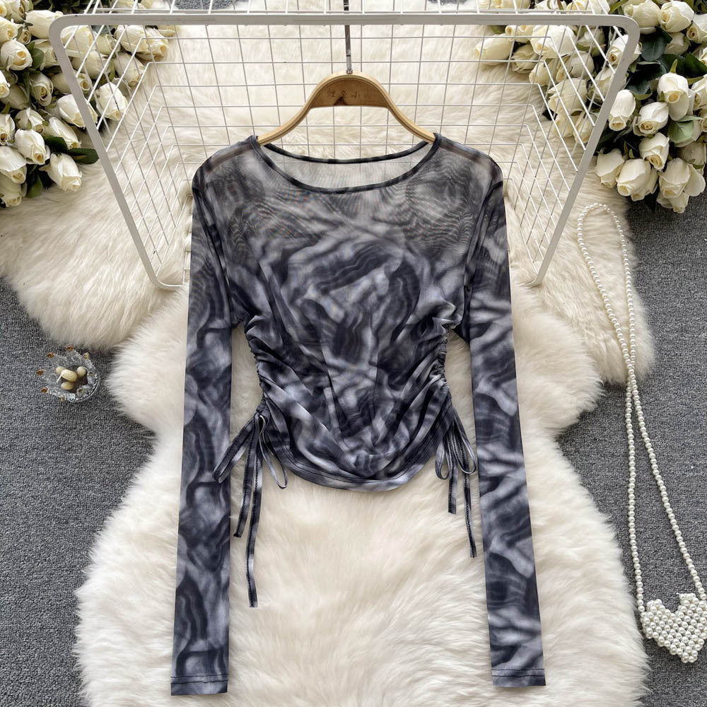 French Retro Minority Design Tie Dyed Drawstring Crew Neck T Shirt Top Fall Women Clothing Long Sleeve Slim Bottoming Shirt