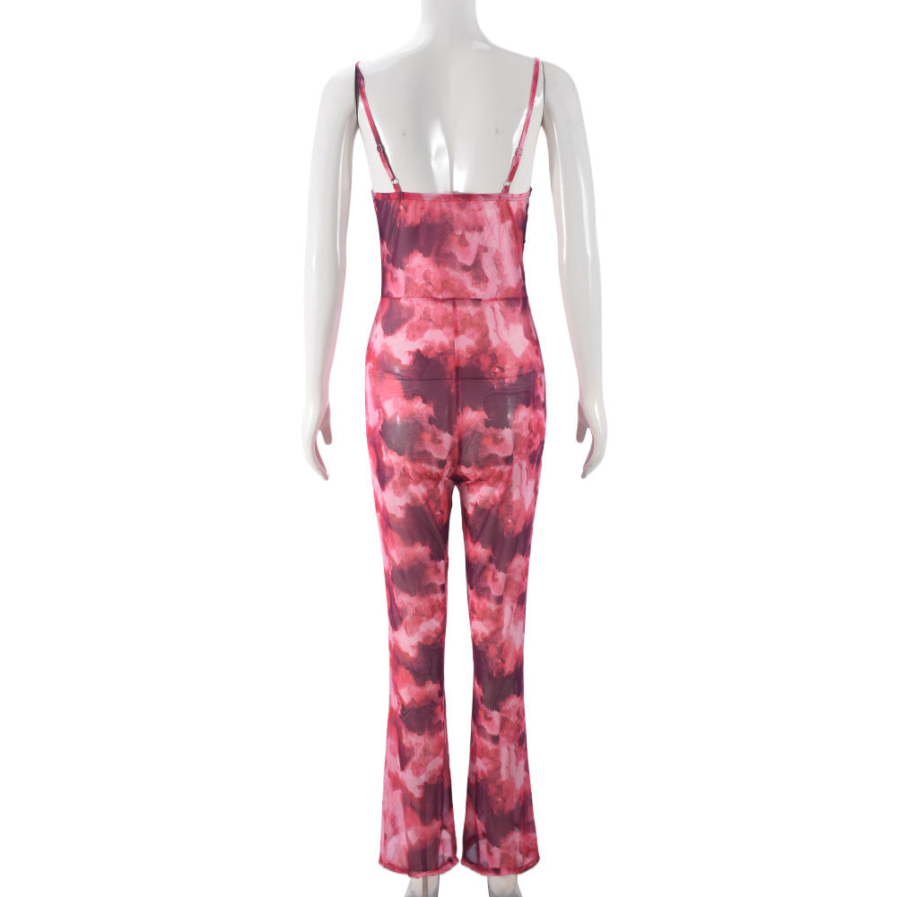 Women Clothing Autumn Mesh Floral Print Backless Sexy Suspenders Jumpsuit
